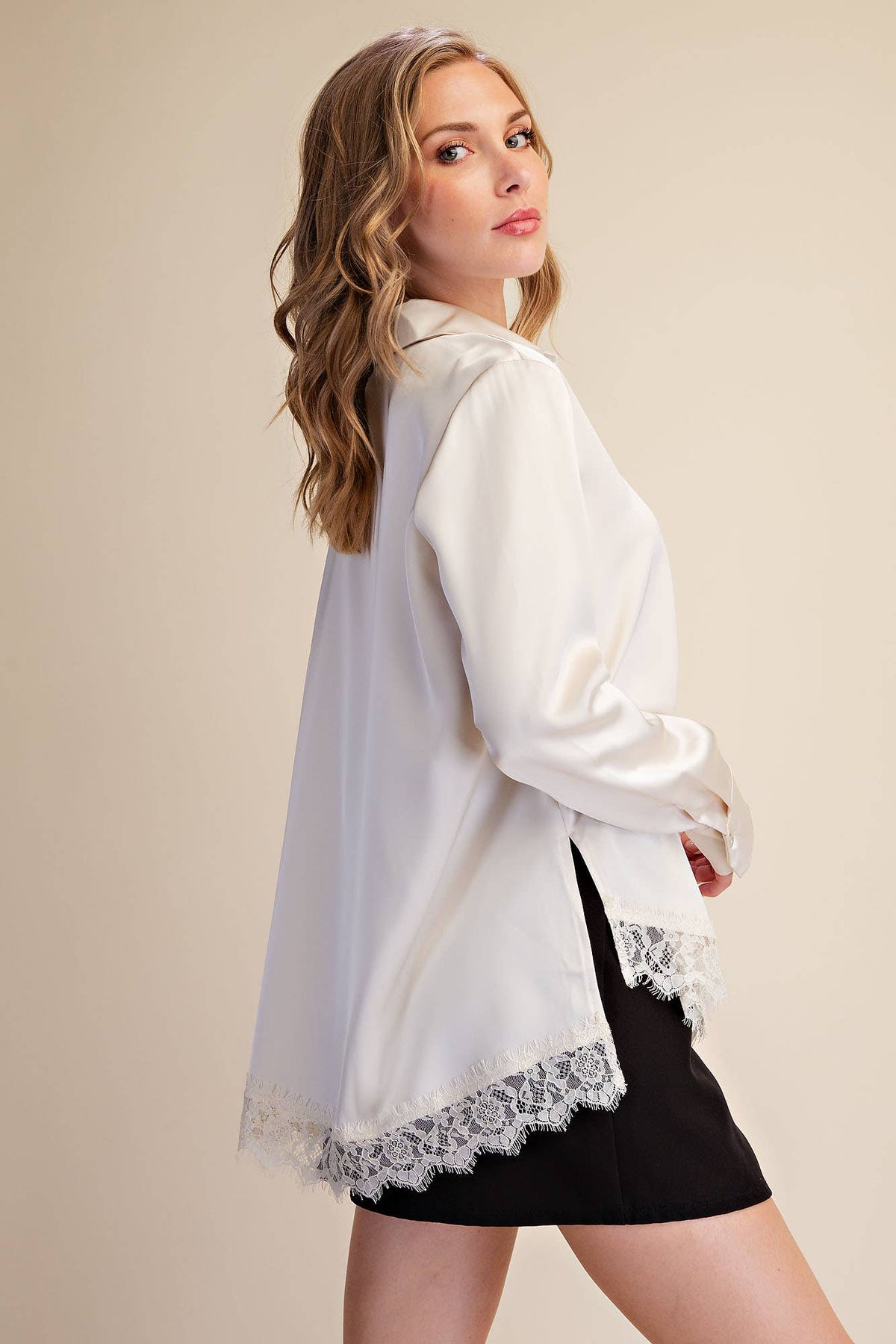 Cecily Collared Long Sleeve Lace-Trim Satin-Effect Blouse: Ivory