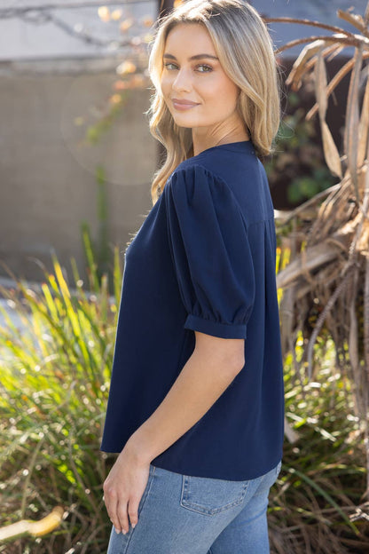 Prescott Button Down Solid Puff Sleeve Top: Navy