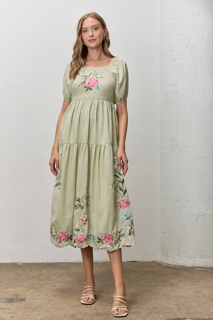Lily Rose Embroidered Tiered Midi Dress: Sage