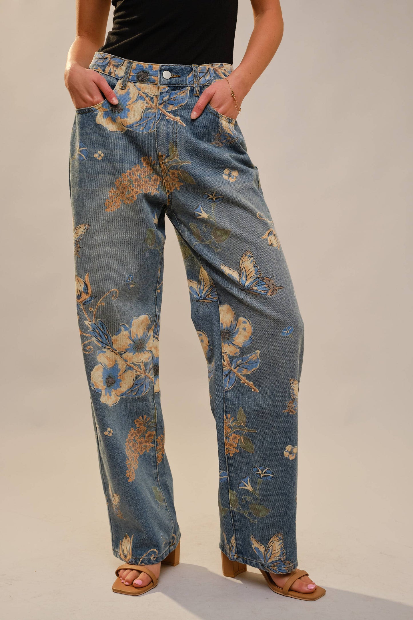 Wildflower Floral Print Wide Leg Jeans: DENIM MULTI