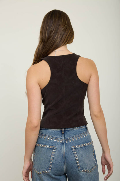 V NECK BUTTON DOWN SUEDE VEST: chocolate BROWN