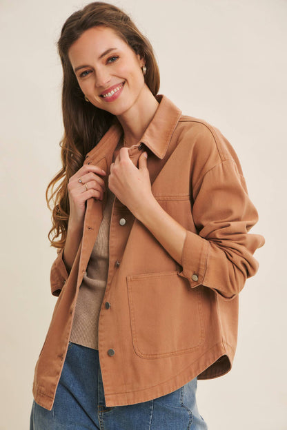 One of a Kind Washed Cotton Twill Utility Jacket: Camel