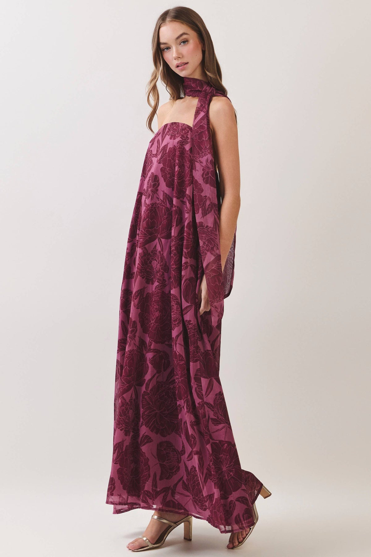 Serena Strapless Floral Scarf Maxi Dress: Burgundy