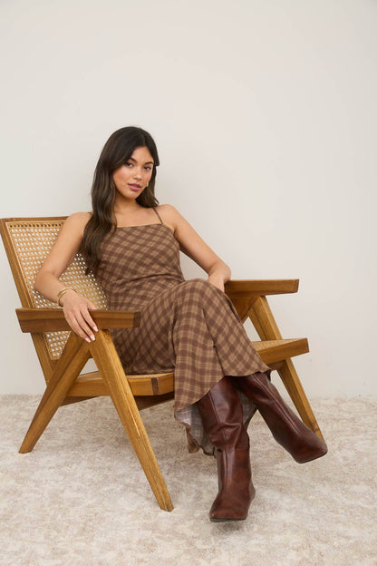Lauren Plaid Spaghetti Strap Midi Dress: Brown