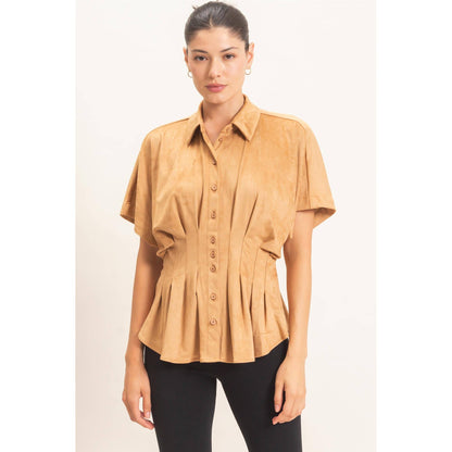 Suede Button-Down Blouse: CAMEL / S-M-L(2-2-2)