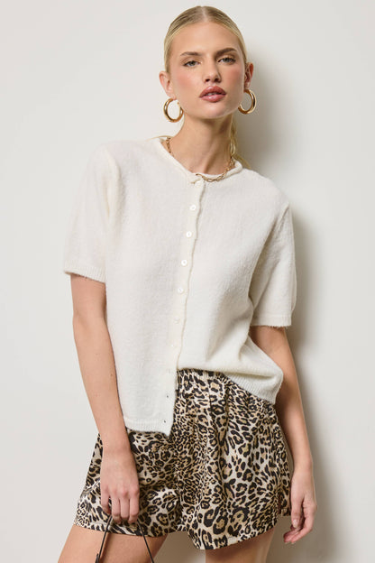 Short Sleeve Button Down Cardigan Top: Tangerine / M