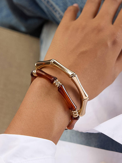 Alun 18K Gold Non-Tarnish Bamboo Resin Bangle Set: Brown