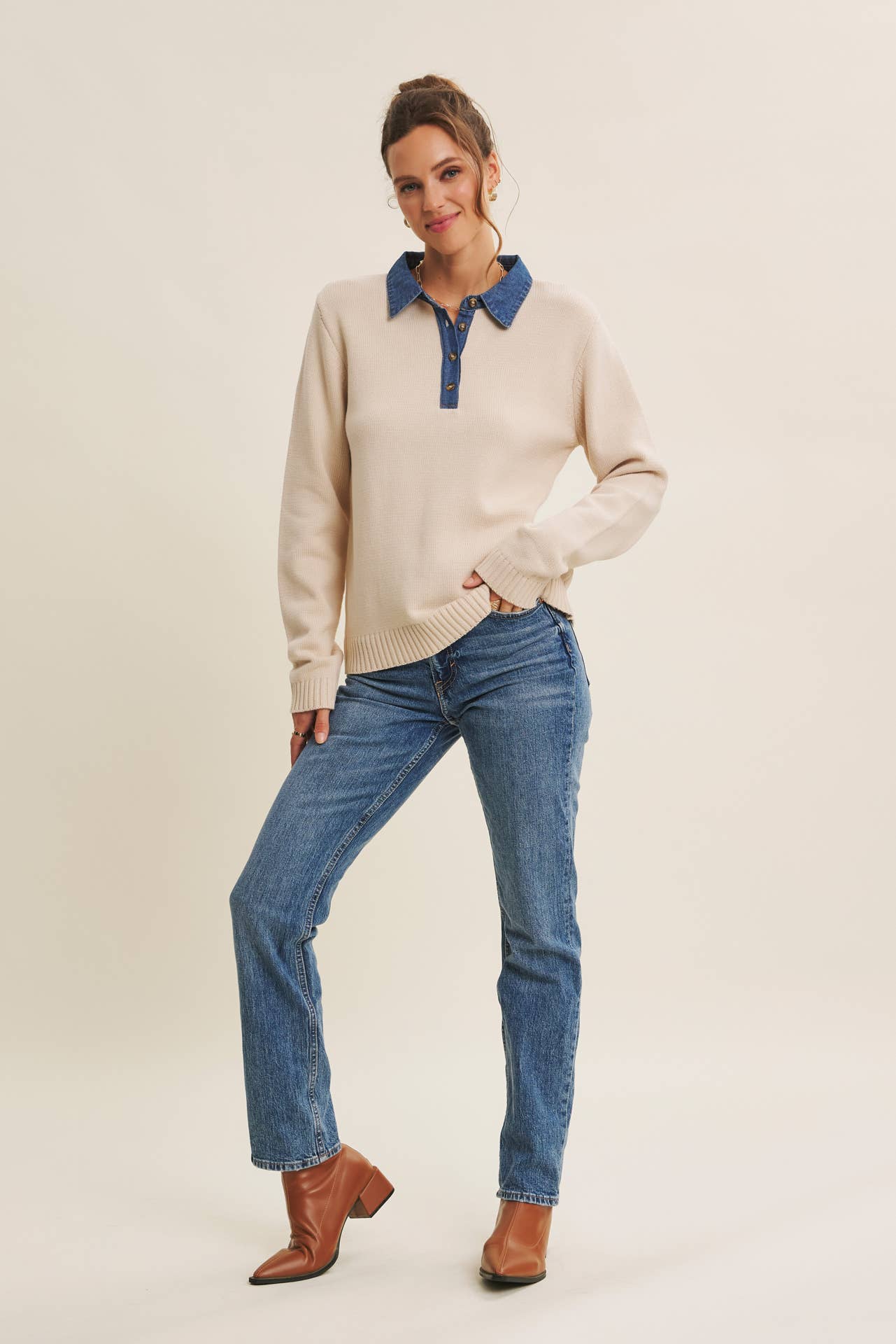 Classic Yet Endlessly Wearable Henley Sweater Top: Ecrus