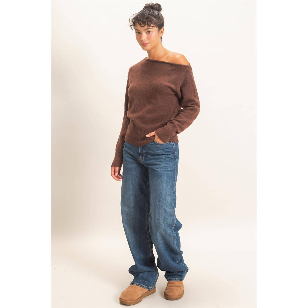Off The Shoulder Sweater Top: TAUPE / S-M-L(2-2-2)