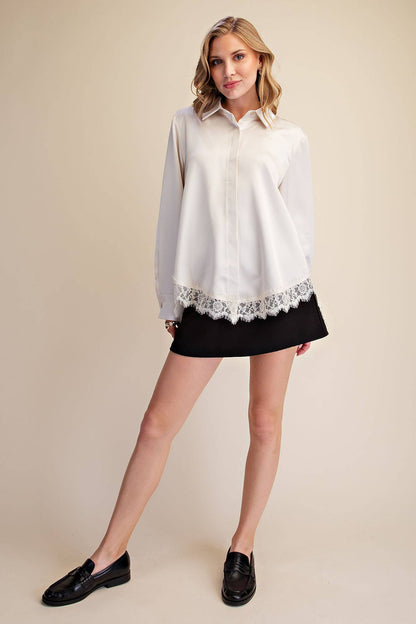 Cecily Collared Long Sleeve Lace-Trim Satin-Effect Blouse: Ivory