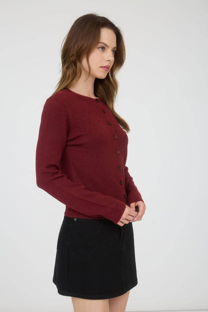 Ruby Round Neck Button Down Long Sleeve Cardigan: Burgundy