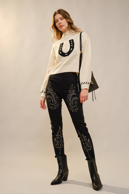 Spur Cropped Horseshoe Knit Sweater: Ivory