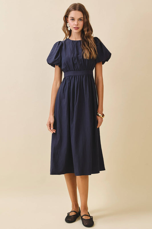 Voluminous Puff Sleeves Gathered Bodice Midi Dress: Navy