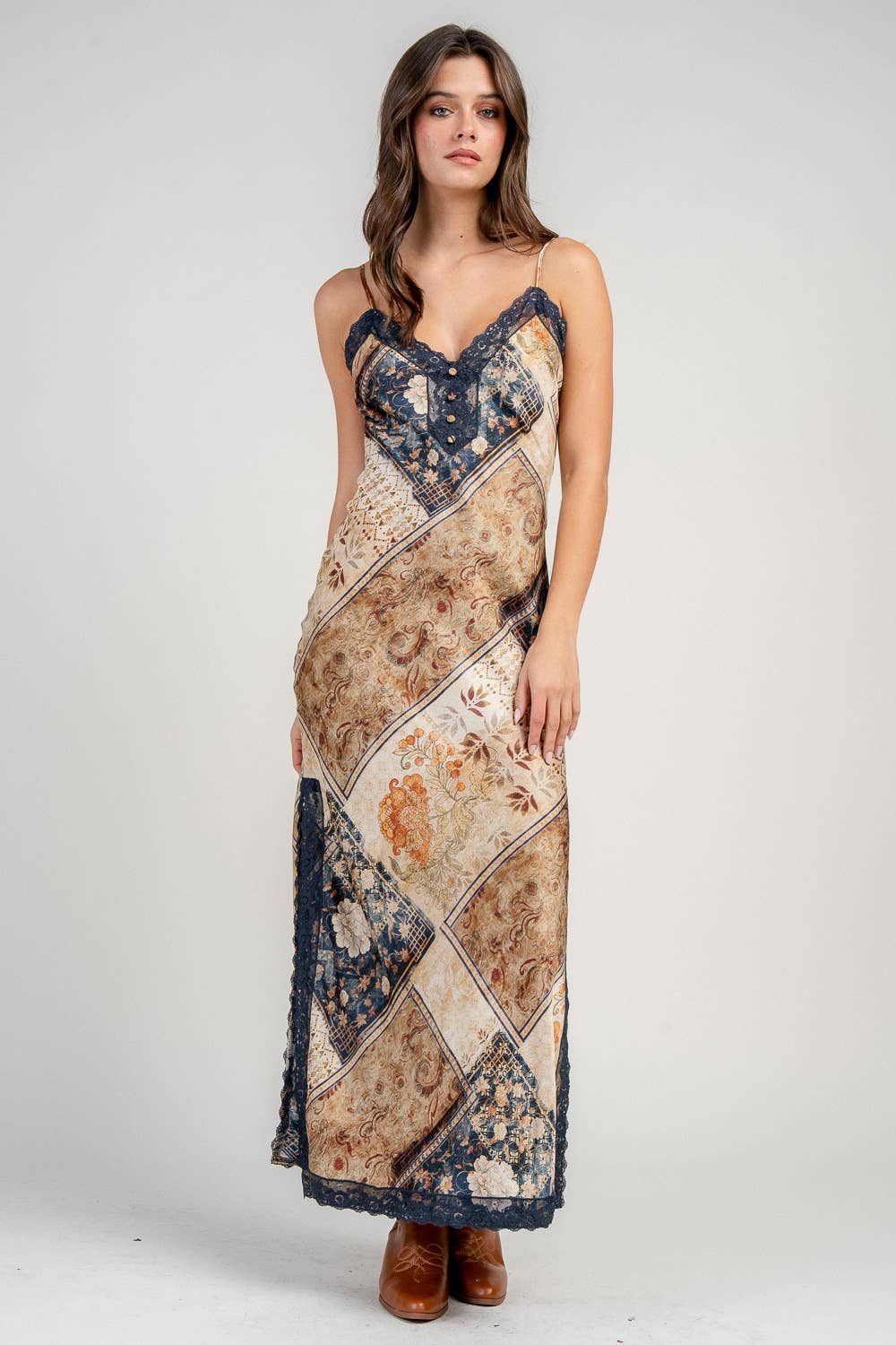 Calico Moon Printed Satin Lace Trim Slip Dress: Tan Navy
