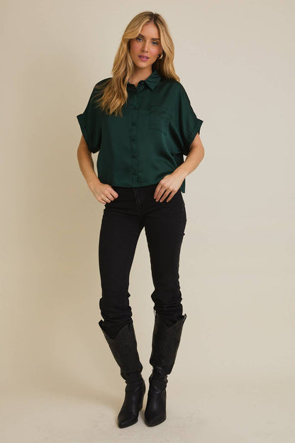 Tallulah Satin Boxy Button Down Blouse: Hunter Green
