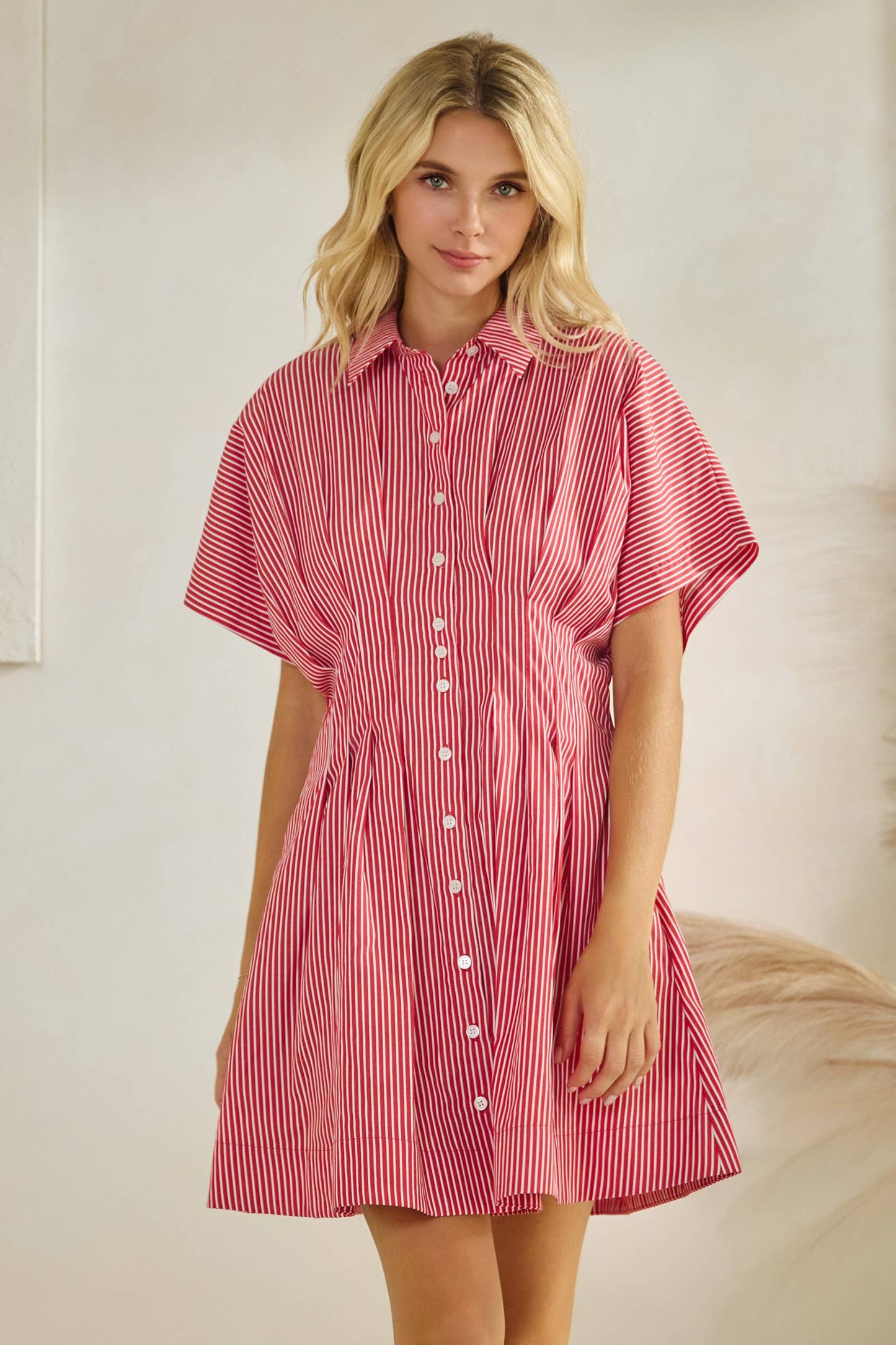 Harlow Button Down Pleated Shirt Stripe Dress: Red Stripe