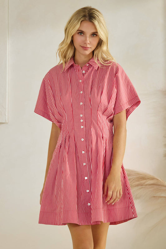 Harlow Button Down Pleated Shirt Stripe Dress: Red Stripe