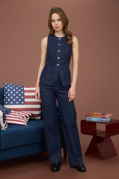 Sloane Round Neck Button Down Sleeveless Denim Vest