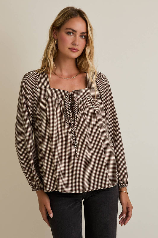 Maggie Square Neck Front Tie Long Sleeve Check Top: Brown Cream
