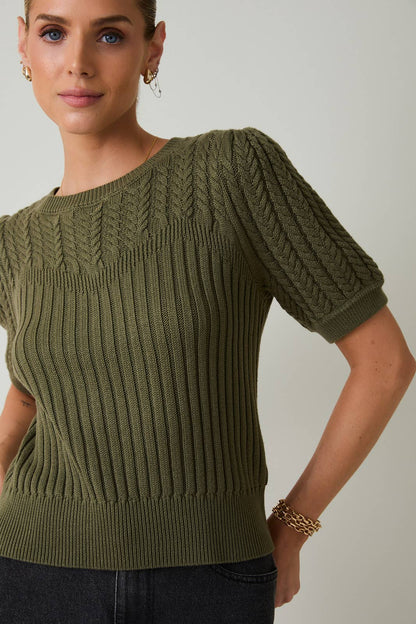 Cypress Short Sleeve Cable Sweater: Olive