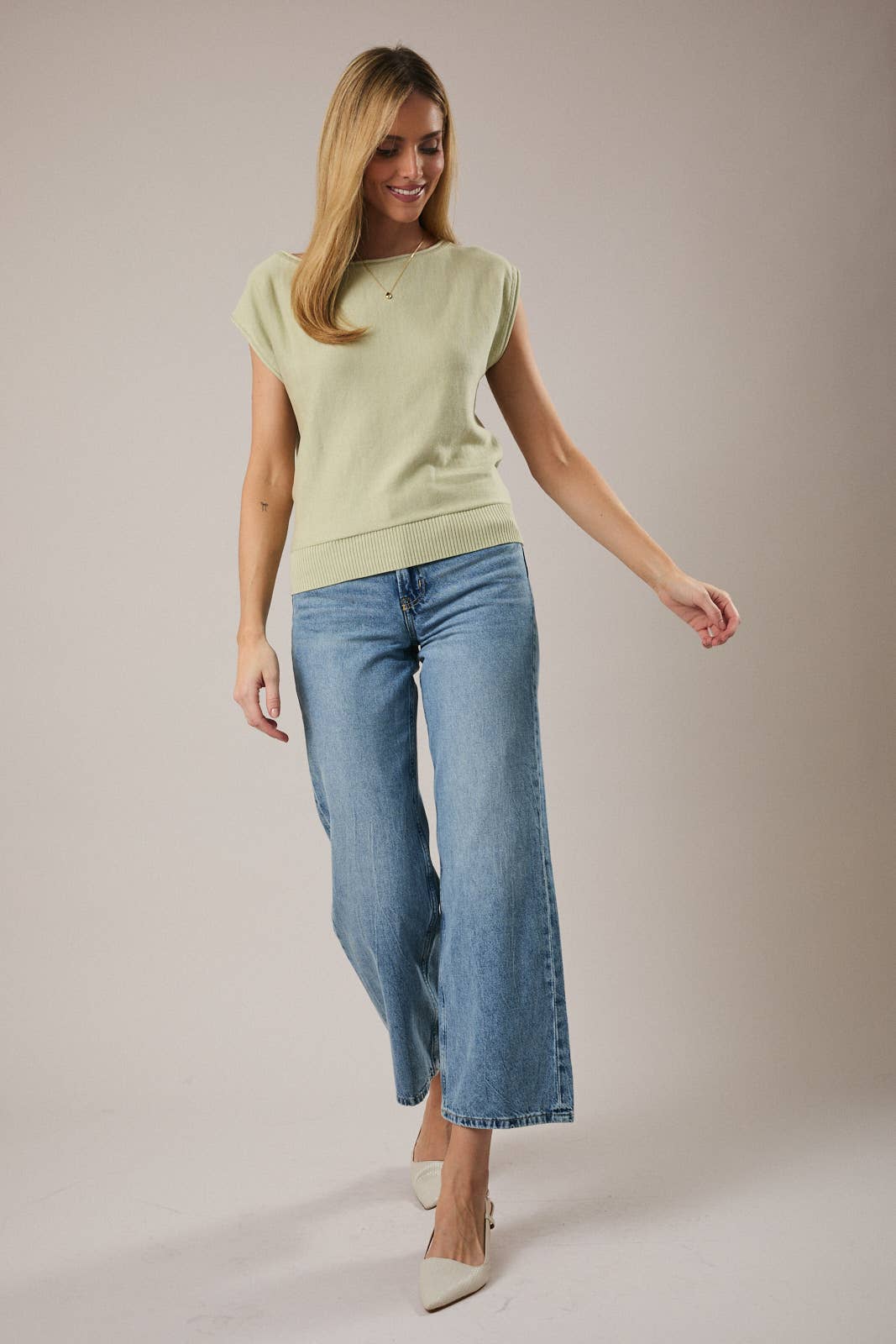 Mae Boat Neck Wide Shoulder Knit Top: Sage Green