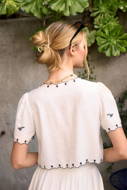 Sparrow Bird Embroidery Tie Top: Ivory