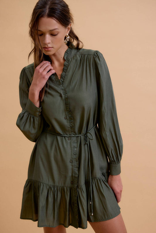 Avie Ruffled Mini Shirt Dress: Pine Green