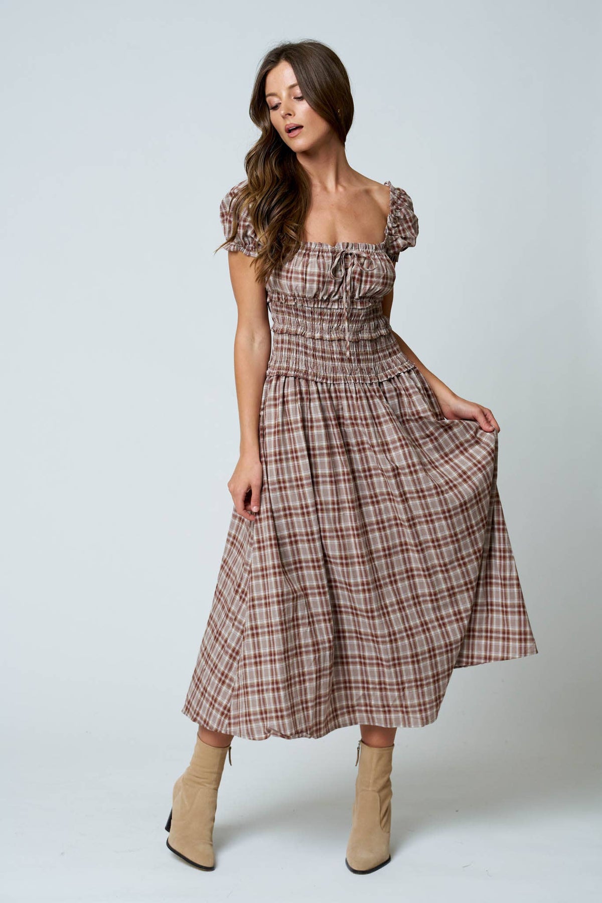 Maisie Plaid Puff Sleeve Smocked Waist A-Line Midi Dress: Khaki