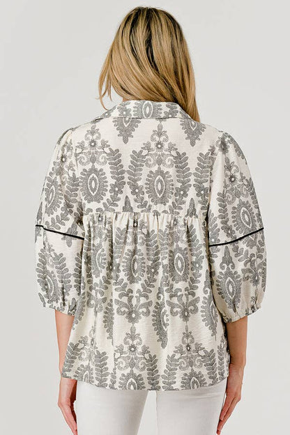 Mellie Toile Print Contrast Seam Black Top Blouse