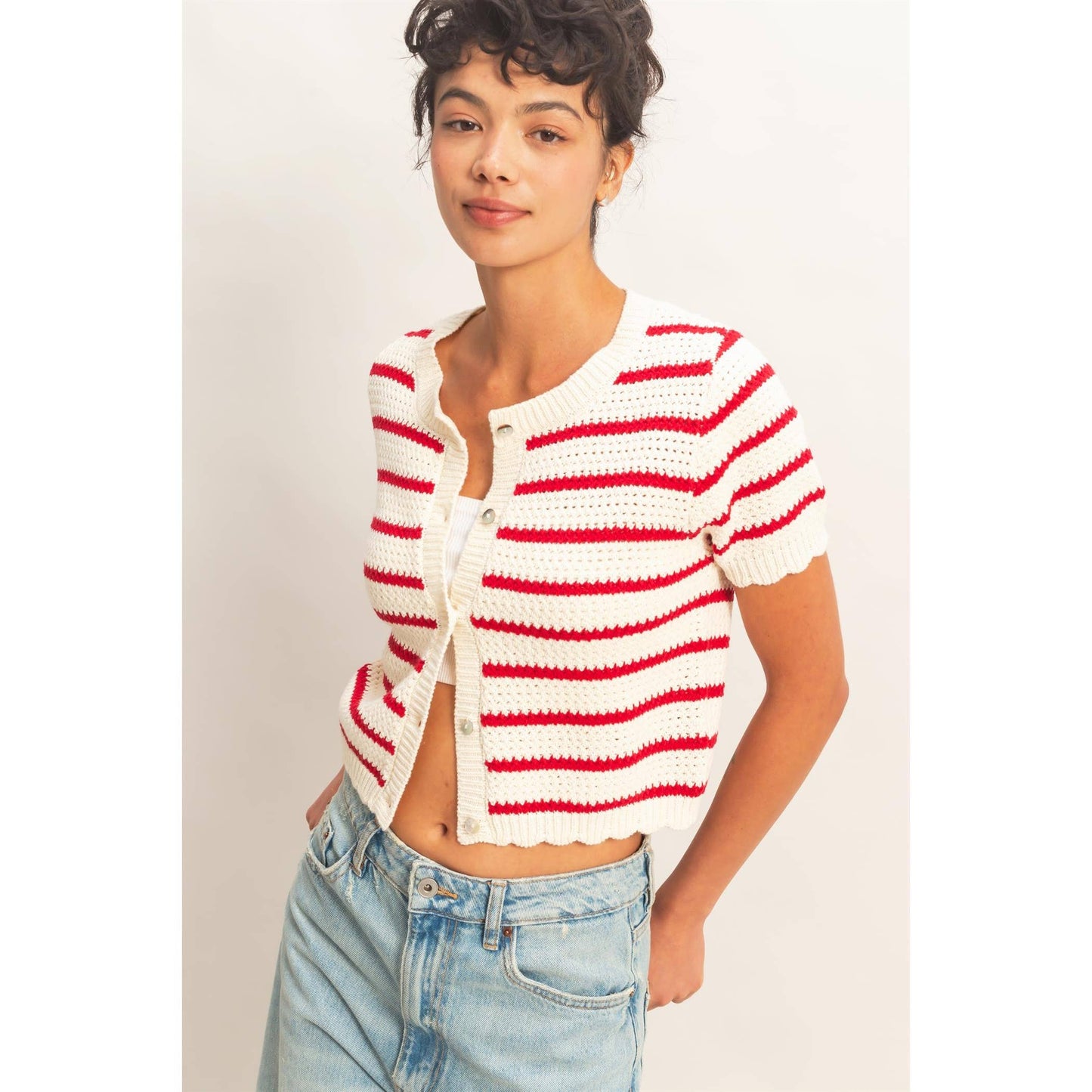 Newport Striped Short Sleeve Cardigan With Scallop Edge: RED