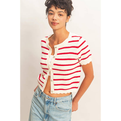 Newport Striped Short Sleeve Cardigan With Scallop Edge: RED