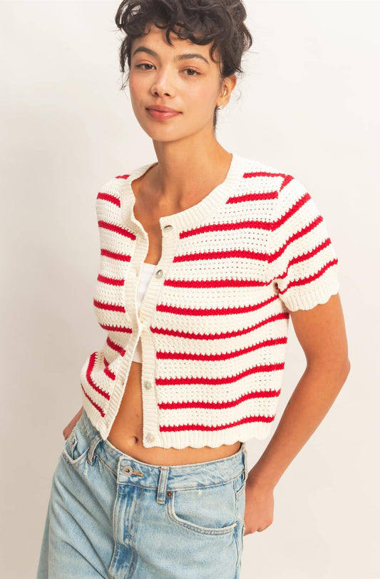 Newport Striped Short Sleeve Cardigan With Scallop Edge: RED