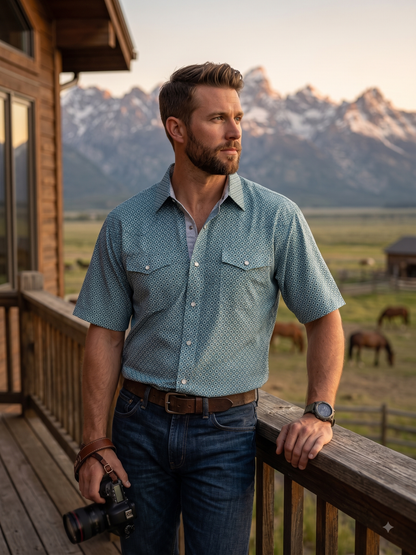 Teton Short-Sleeve Snap Shirt: Teal Geo