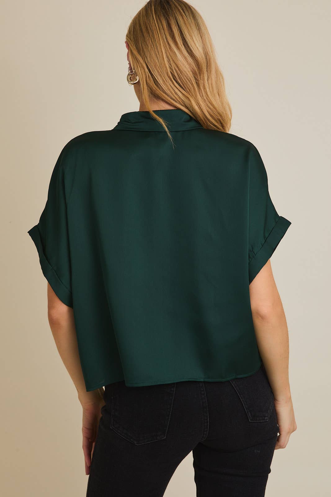Tallulah Satin Boxy Button Down Blouse: Hunter Green