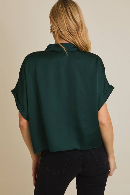 Tallulah Satin Boxy Button Down Blouse: Hunter Green