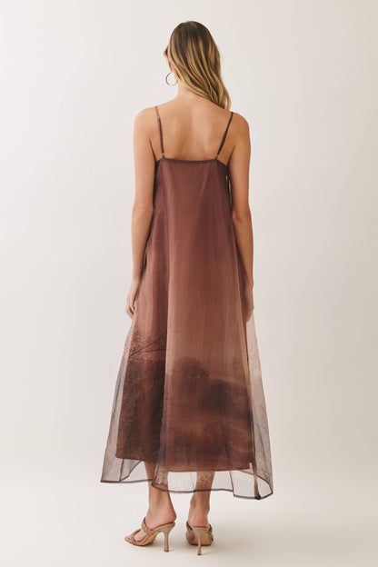 Aurelia Scenic Print Organza A-Line Maxi Dress: Brown