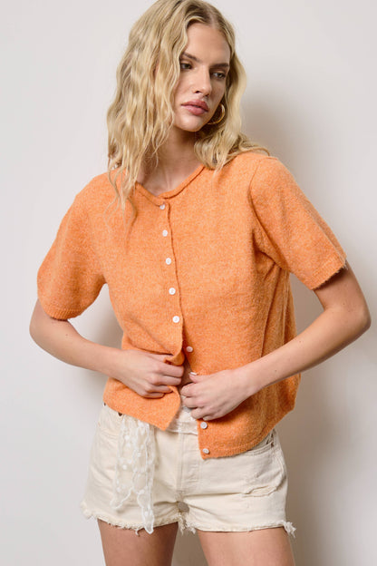 Short Sleeve Button Down Cardigan Top: Tangerine / M