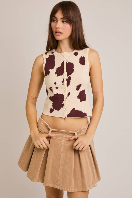 Cow Print Button Knit Top