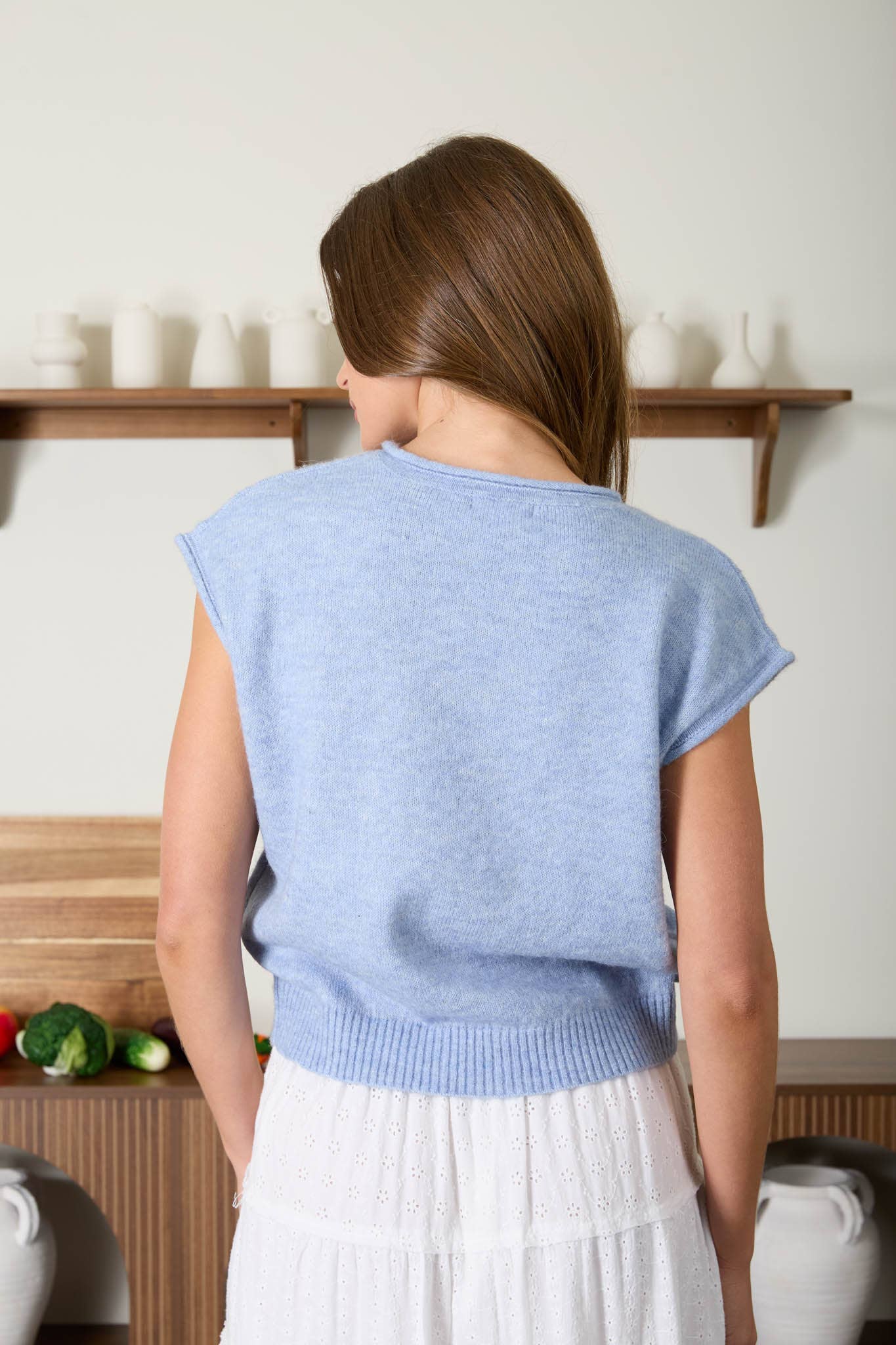 Raw Edge V Neck Sleeveless Knit Cardigan Sweater Vest: Baby Blue