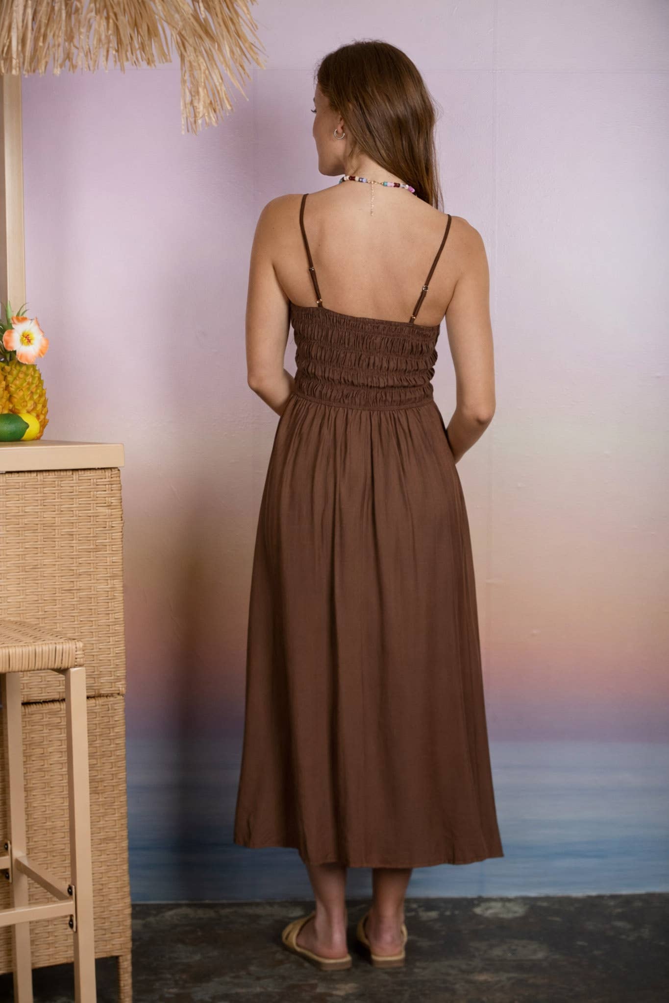 Stirrup Shirred Bodice Spaghetti Strap Midi Dress: Brown