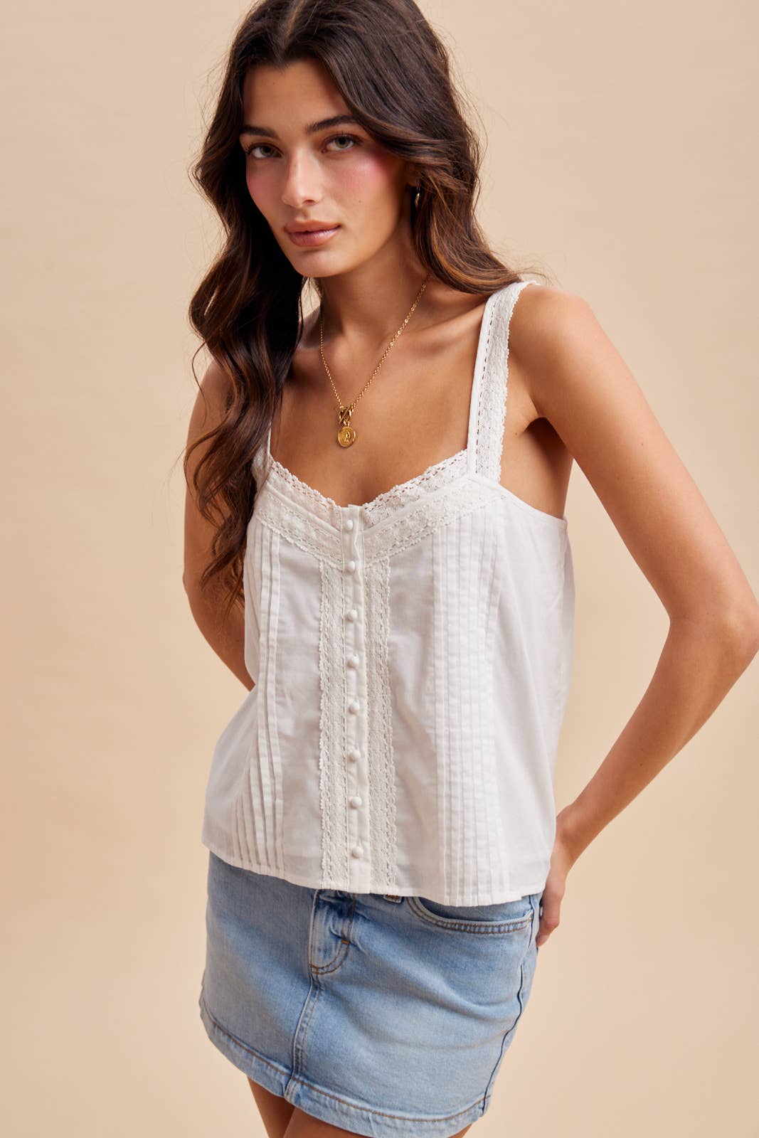 Cassie Cotton Pintuck Lace Top: White