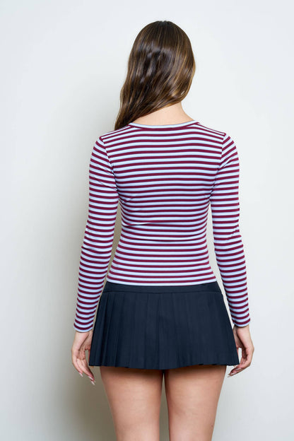 BUTTON DOWN CREW NECK STRIPED LONG SLEEVE KNIT TOP: BURGUNDY MULTI