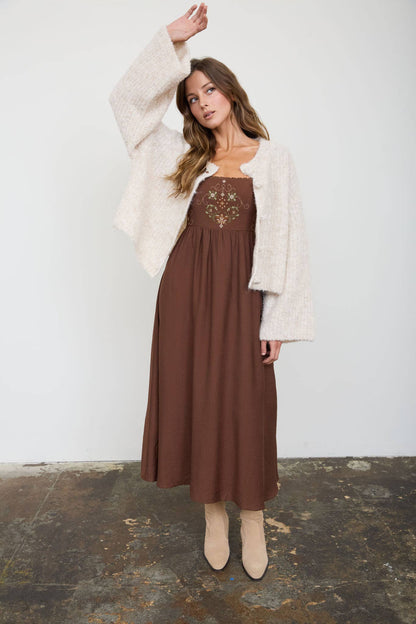 Fable Detail Bell Sleeve Midi Dress: Chocolate Brown