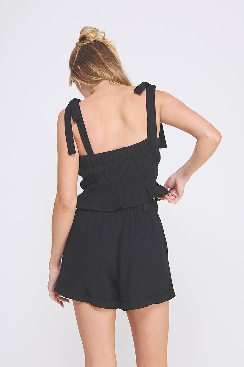 Midnight Muse Soft Linen Smocked Tie Straps Tank: Black