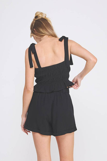 Midnight Muse Soft Linen Smocked Tie Straps Tank: Black