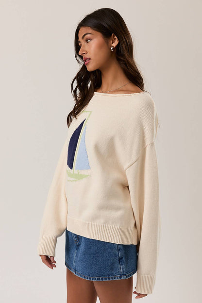 Seaside Boat Neck Sweater Top: Ivory