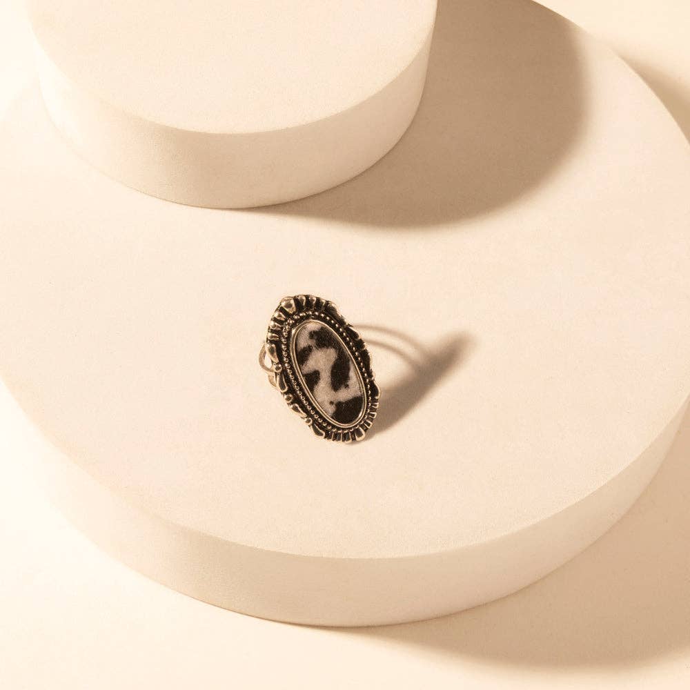 Outlaw Hide Statement adjustable Ring for Women with hair-on cowhide detail for premium western wear: Black & White