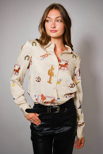 Frontier Western Embroidered Shirt: SAND