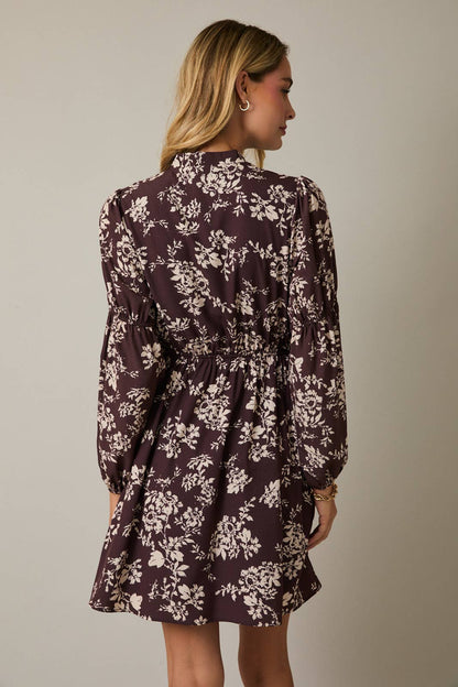 November Notch Neck Front Tie Puff Long Sleeve Floral Mini Dress: Brown Cream Floral