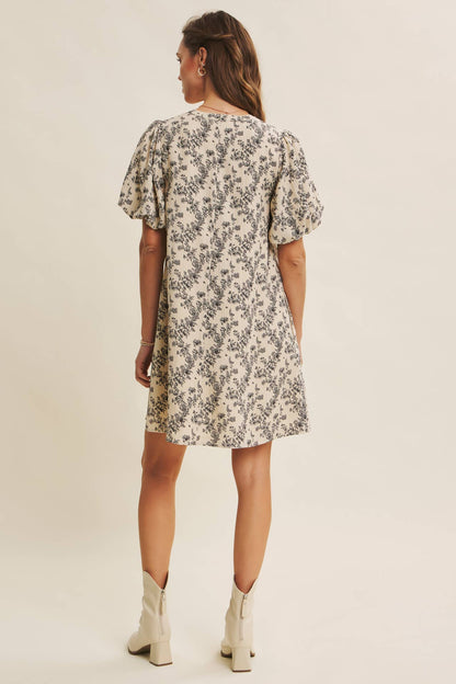 Patsy Textured Floral Mini A-Line Dress with Bubble Sleeves: Vanilla